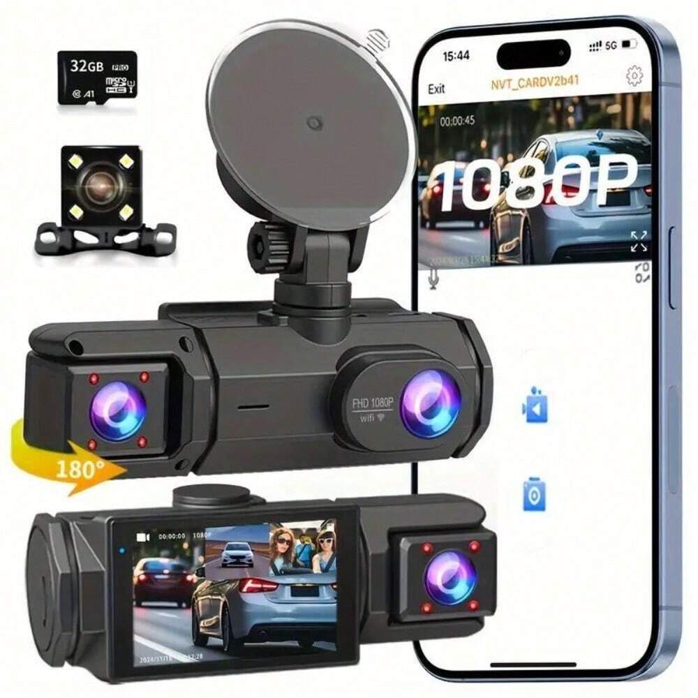 3-Lens WiFi Dash Cam with G-Sensor, 1080P HD Car DVR for Auto Safety
