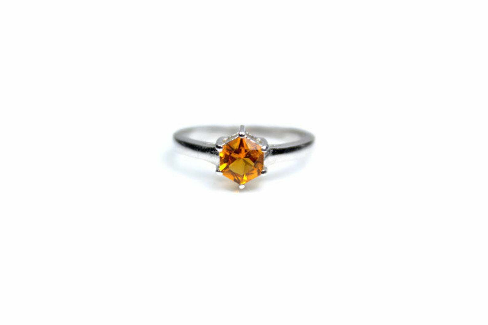 0.7ct Hexagon Natural Citrine Solitaire in 14k Solid White Gold Engagement Ring