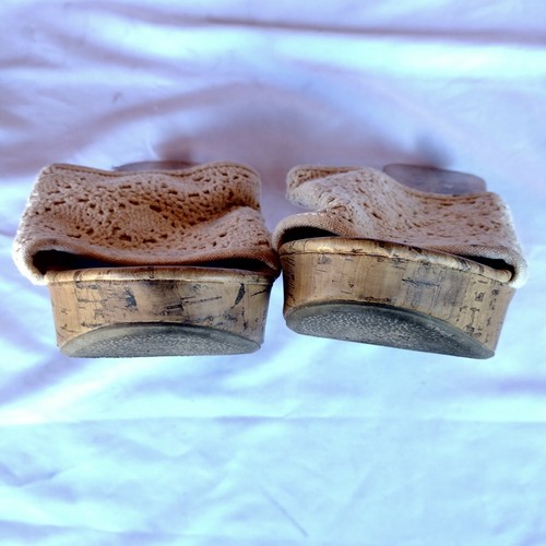 Montego Bay Club Sandals Women's Slides Size 10 Brown Cream Crochet Cork Wedge - Picture 8 of 9