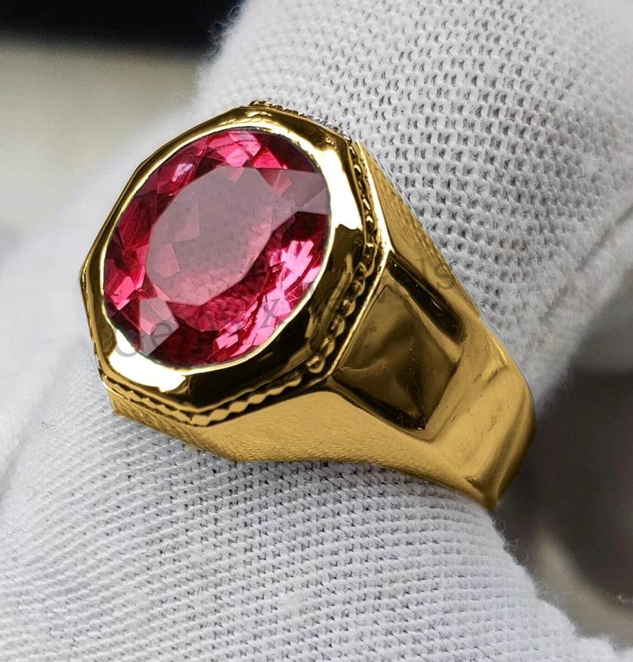 14k Yellow Gold Plated with Natural Ruby Gemstone 925 Sterling Silver Men's Ring