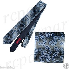 New Men's Brand Q Microfiber Reversible Necktie Hankie Set Paisley Navy Blue