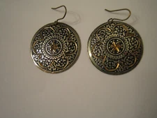 Zen Disk Drop Earrings. Black, Gold Silver Mixed Metals. 1-1/4"