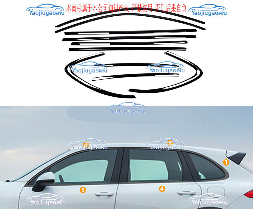 Bright Black Stainless Car Window Trim Strip 10PCS For Porsche Cayenne 2011-2018