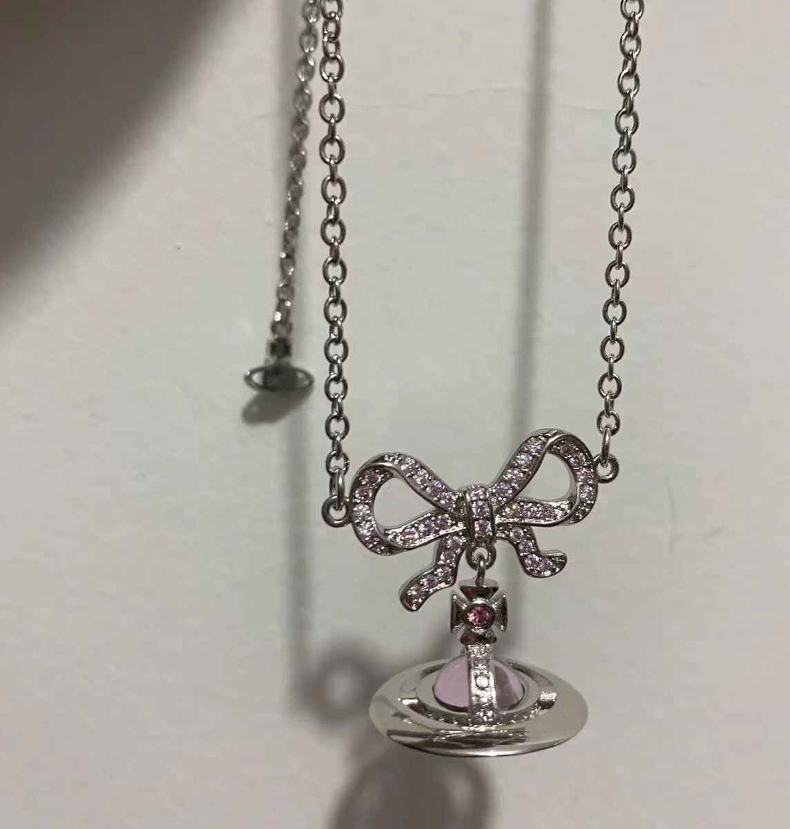 Vivienne Westwood butterfly Pink 3D Saturn Crystal Pendant Silver Necklace  40cm | eBay