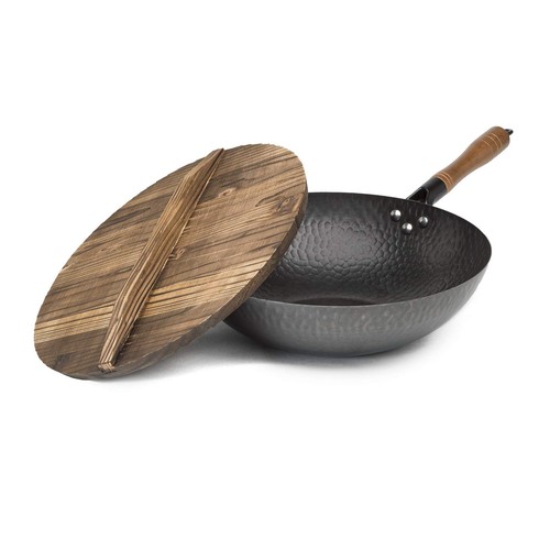 Hammered Carbon Steel 13-Inch Wok Pan with Lid, Black, Non-Stick, with Most C...