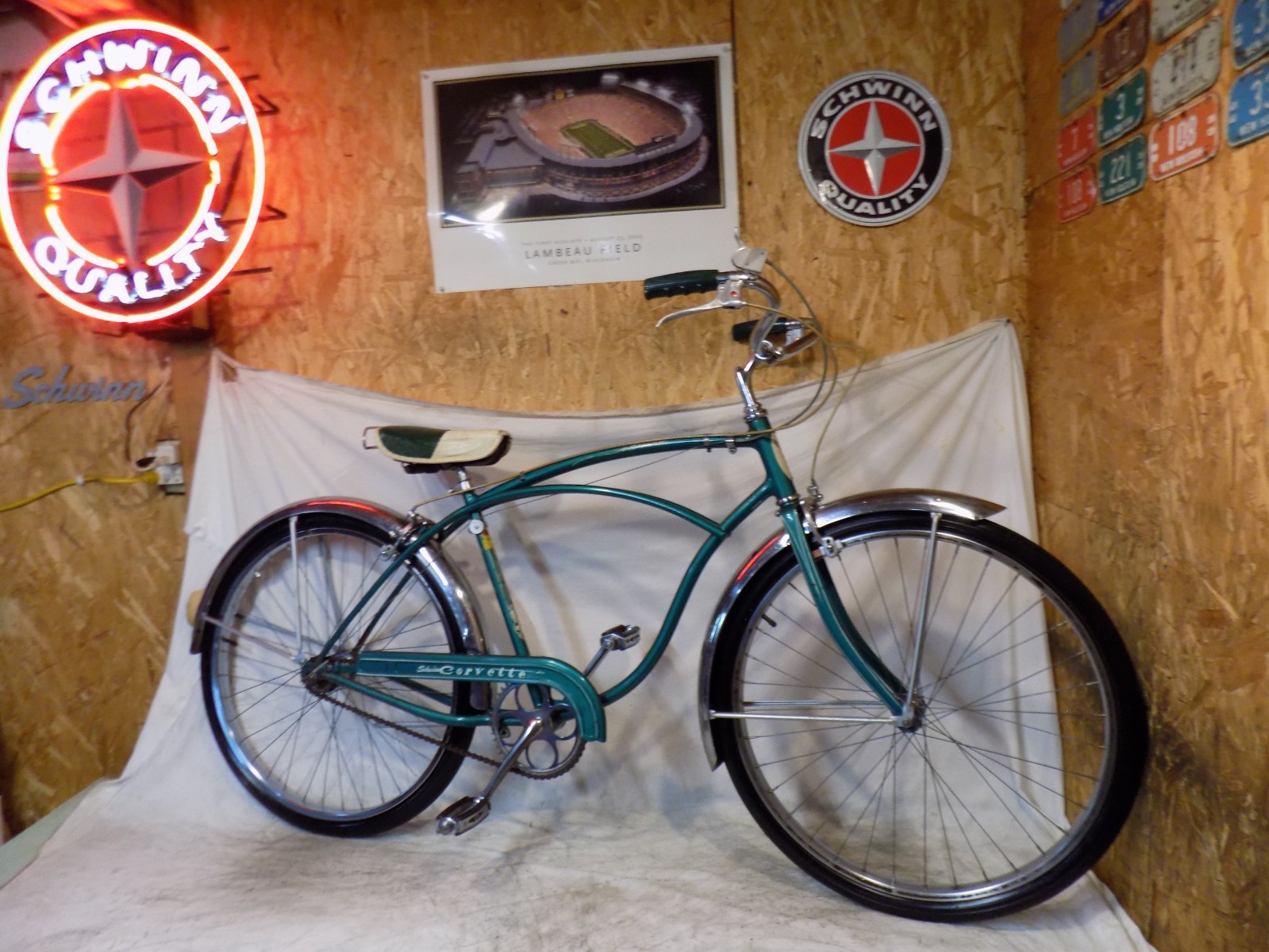 (Used) 1954 SCHWINN CORVETTE MENS 3-SPEED BIKE GREEN CHEVY TYPHOON JAGUAR PANTHER S7! (349.95 USD)