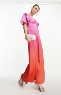 Flounce London Pink Red Ombre Maxi Dress V-Neck Flutter Sleeve Zip US 4