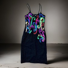 ViTG 80s SWEELO Beaded Silk Slip Dress Multicolor Sequin Swirl Cocktail Party XS