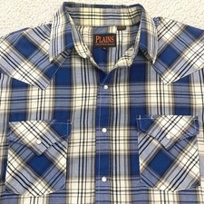Plains Western Wear Shirt Mens M Blue Plaid Pearl Snap Short Sleeve Yoke