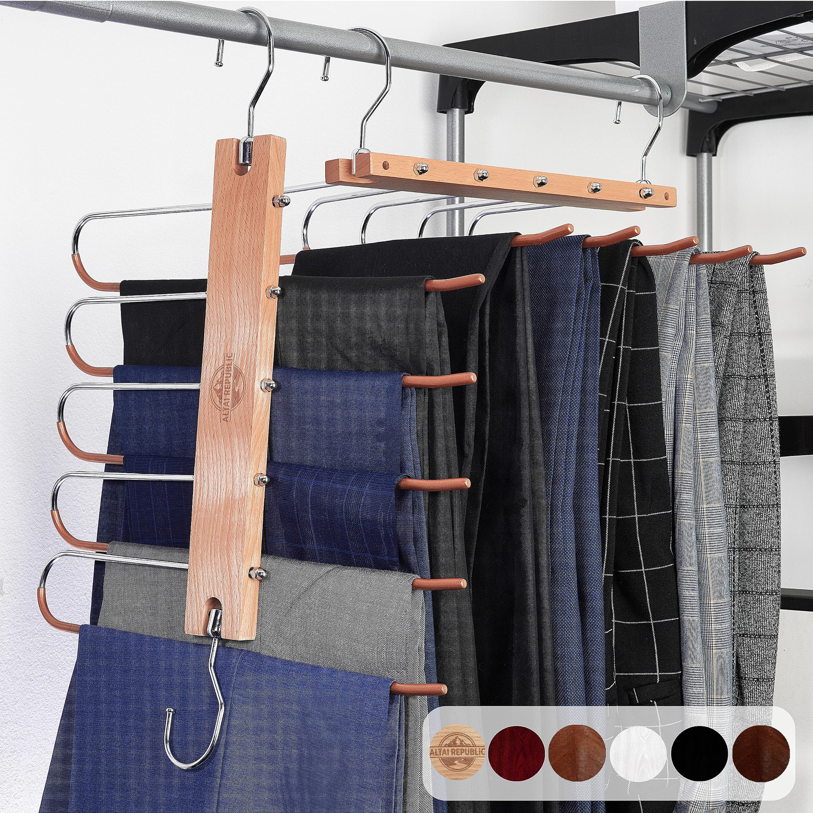 Space-Saving 5-in-1 Wooden Pants Hangers for Jeans & Trousers - Closet Organizer