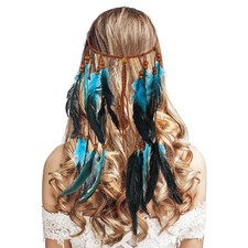 Boho Feather Headband Women Turquoise Blue Native American Headdress Indian H...