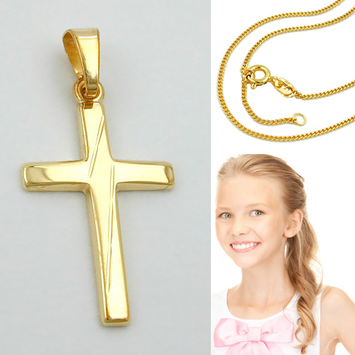 Echt Gold 333 Kinder Taufe Kommunion Kreuz AnhäNger Mit Silber 925 Vergoldet-image
