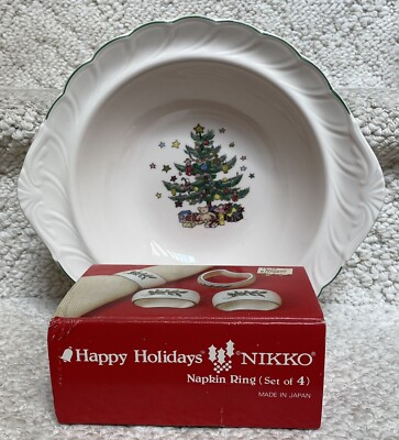 Nikko HAPPY HOLIDAYS CHRISTMASTIME Napkin Rings Set Of 4 & Handled Serving Bowl