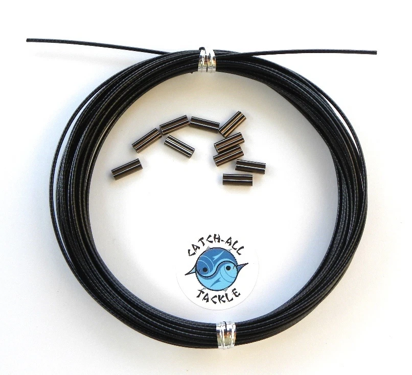 CATCH ALL TACKLE 49 Strand Stainless Steel Black Vinyl Coated Cable 30ft 10 crimps 90lb-900lb