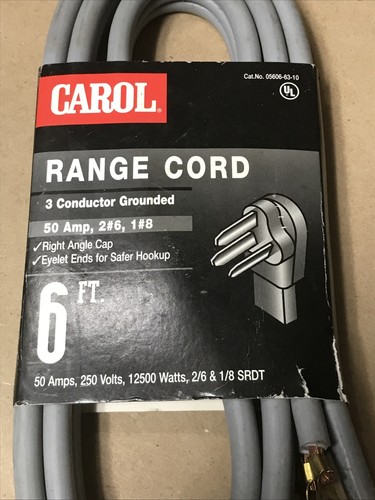 Range Cord 2 6 AWG + 1 8 AWG 3-Conductor 6' Gray Jacket 250 Volts 50Amps 125 A20 - Picture 5 of 5