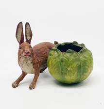 Antique cold painted metal Rabbit & cabbage figural fountain pen wipe ink bunny