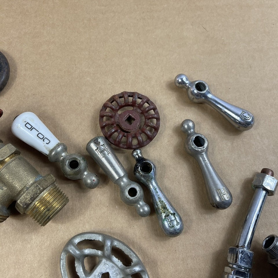 VINTAGE SPIGOT Faucet Handles Valves Lot Brass Porcelain Chrome Plate