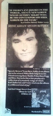 STEVE ASHLEY Speedy Return 1975 UK Poster size Press ADVERT 16x6''