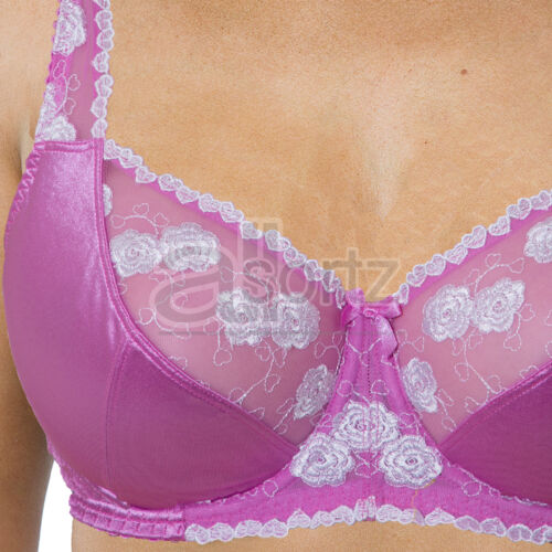 Ladies Pink Satin Bra Pretty Rose Lace Detail Underwired Firm Hold Plus Size Cup - Picture 4 of 10
