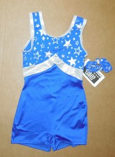 NWT Gymnastic Biketard Shorty Unitard Royal silver Stars Foil size Intermediate