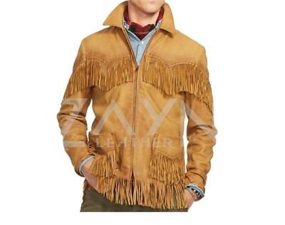 Men's Original Real Suede Leather Fringes Jacket Tan Western Style Cowboy Jacket