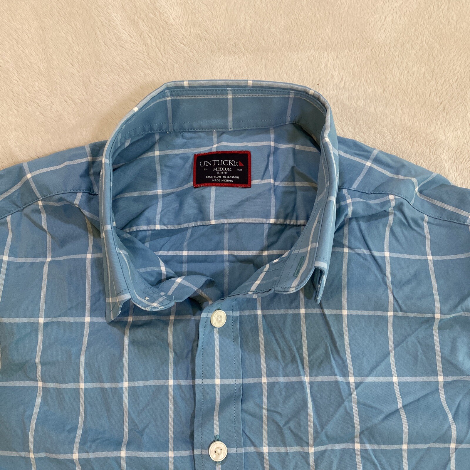UNTUCKit Button Down Shirt Men's Aqua Medium Plaid Slim Fit Long Sleeve