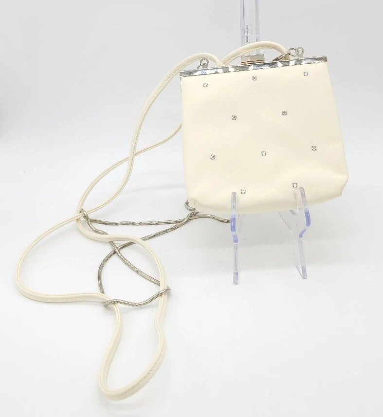 Vintage LIZ CLAIBORNE White Ivory Clasp Box Purse Rhinestone Crossbody Clutch - Image 2 of 4