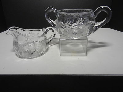 Vintage Cut Glass Sugar Creamer Set Gray Florals Applied Handles Polished Base