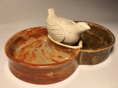 Ceramic Easter glazed dish, Handmade ,Clay ,Brown, Whistle,  Bird, Eggs 