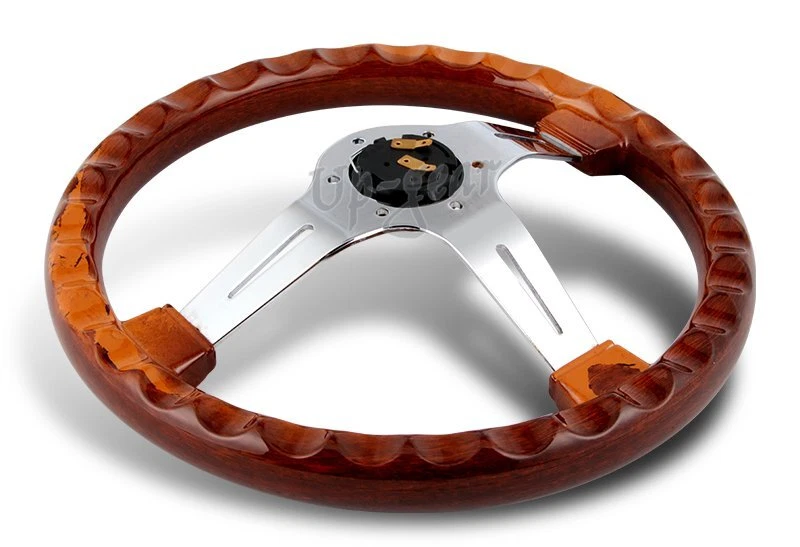 Volante universal de 3 radios cromado con empuñadura de madera oscura clase 6 orificios 350 mm Foto 2 de 4