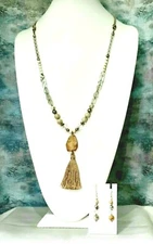 Chico's Necklace Earrings, Bone, Crystal, Soft Silver, Beige Tassel Leather  Fb3