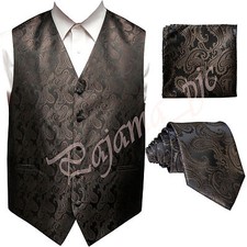 BROWN XS to 6XL Paisley Tuxedo Suit Dress Vest Waistcoat  Neck tie Hanky