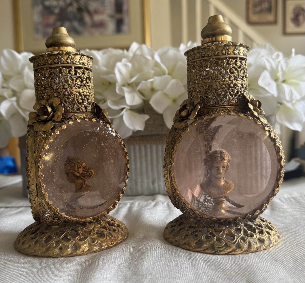 Vintage Gold ORMOLU Vanity Filigree Perfume Bottle Sided Women Bust Set  of TWO