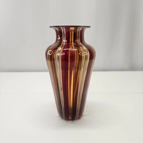 Vintage Murano Amber Ruby Red Art Glass Vase Tall Optic Ribbed MCM 9"