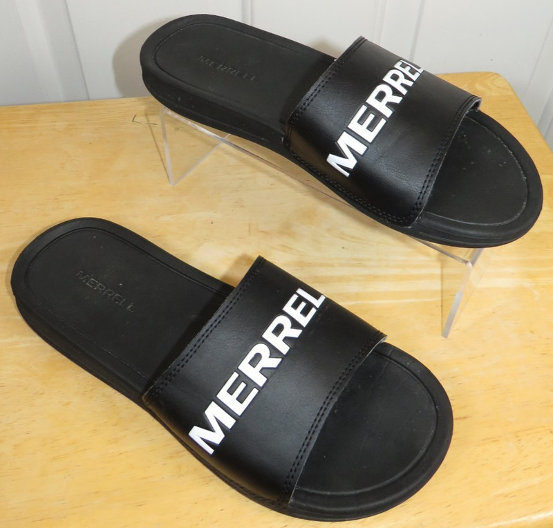 MERRELL Women's Cortland Slide Sandals Black/White Spellout Logo Size 8