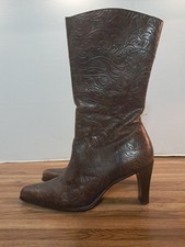 Vintage Antonio Melani Engraved Faux Leather Western Boots-Brown- Vero Cuoio