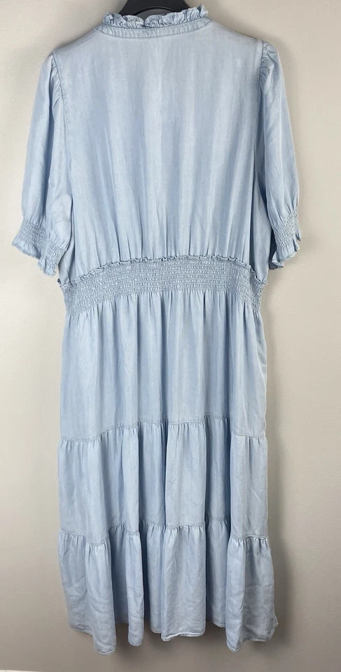 Caslon Maxi Dress Denim Blue Button Front Tiered Long Pockets Smocked Size 1X - image 2 of 4