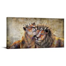 Animal King Canvas Wall Art Lion and Lioness with Gold Crown Picture Romantic...