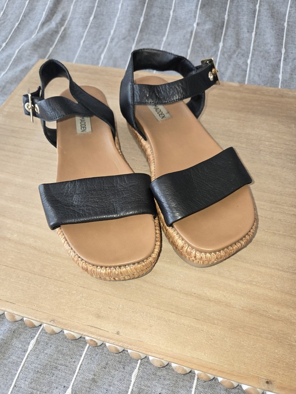 Womens Steve Madden Malden Black Platform Espadrille Sandals Sz 6 Jute  & Gold 