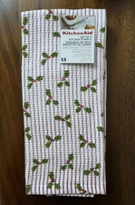 KitchenAid Hand Dish Towel Kitchen Holly Berry Green Leaves Red Stripe Christmas