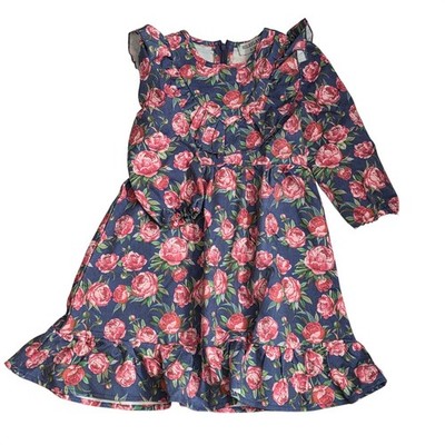 Hileelang Girls Navy Blue Pink Rose Floral Ruffle Long Sleeve Dress Size 3/4Y