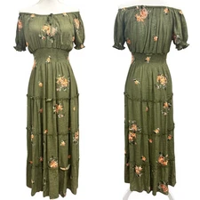 Kindred Olive Green Floral Embroidery Cottage Peasant Tiered Milkmaid Maxi Dress