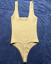 Beige One Piece Stretch Solid Bodysuit Opaque Women's Size Regular