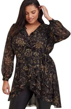 Torrid Top 0 Black Gold Floral Print High Low Hem Tie Front Wrap Shirt Blouse