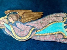 Vintage Handmade Flying Angel Hanging Plaque with Harp Gold Accents Gallery Wall
