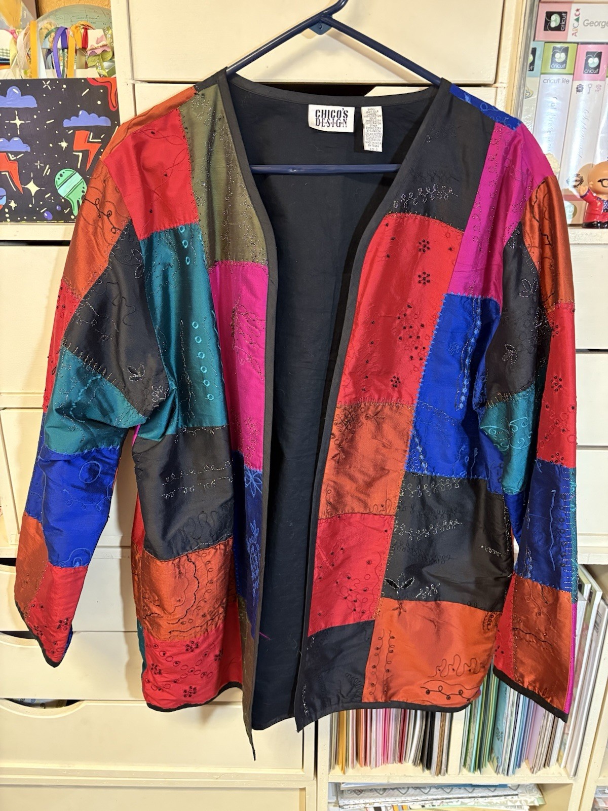 Chicos Design Jacket Size 3 Silk Patchwork Beaded… - image 1