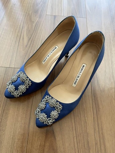 Manolo Blahnik Hangisi Blue Satin 34.5 US4.5 High Heel - Picture 2 of 24