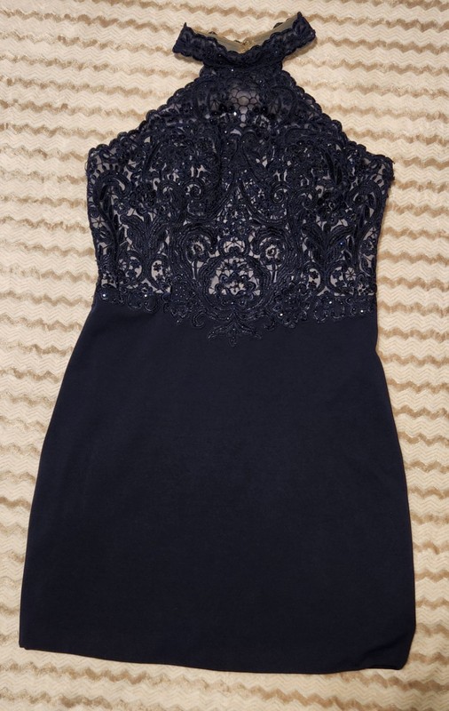 Sherri Hill Beaded/ Lace Halter Dress Navy Size 12 Style 51310 Prom, Event EUC