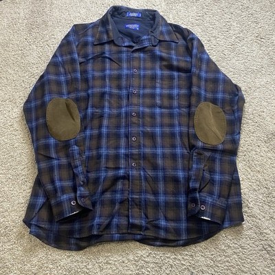 Pendleton Trail Shirt Blue Brown Plaid Wool Button-Up Elbow Patch Men's XL