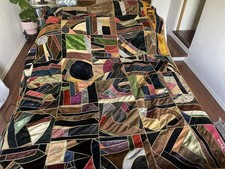 Antique Crazy Handmade Patchwork Quilt 89x79 Inches Feather Stitches Penants VTG